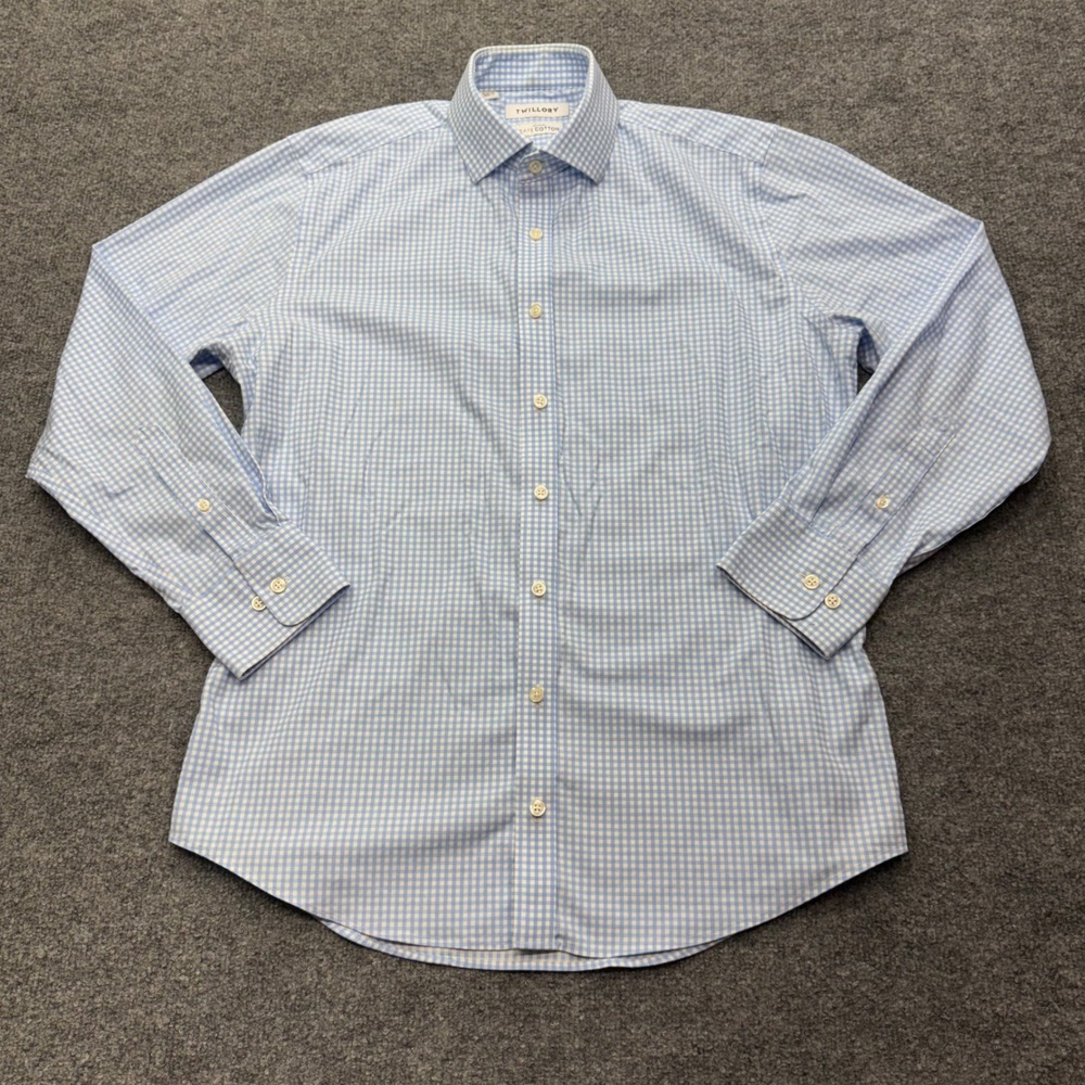 Twillory Mens 16 32/33 Trim Fit Non-Iron Safe Cotton Gingham Dress Shirt Blue